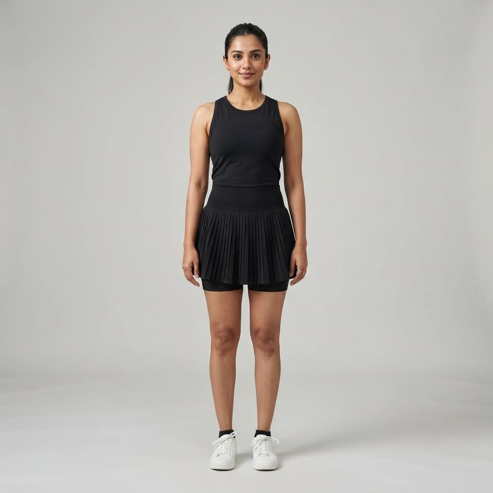 Indian woman wearing META NEST ACTIVEWEAR AeroFlow Seamless Tennis Skirt in Noir Black