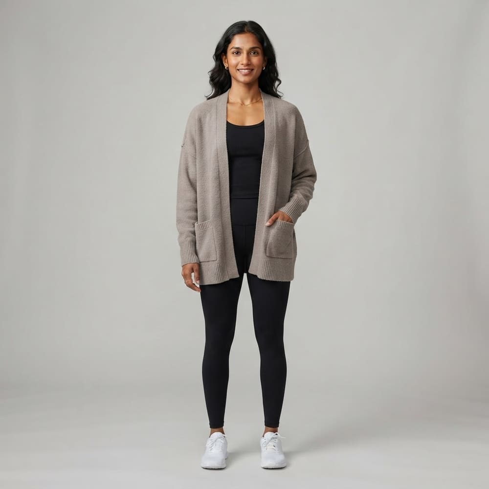 Indian woman wearing META NEST ACTIVEWEAR Air-Layer Relaxed Cardigan in Taupe Grey