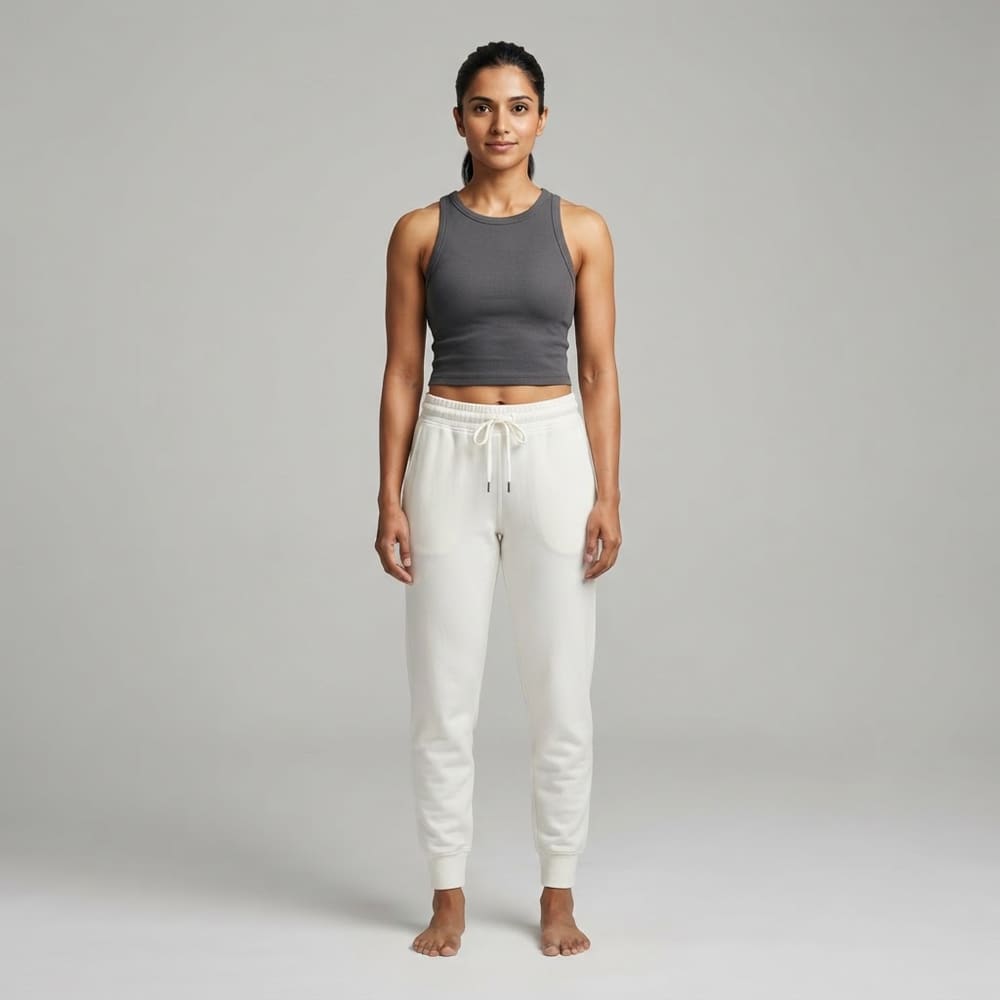 Indian woman wearing META NEST ACTIVEWEAR Air-Layer Relaxed Joggers in Pearl White