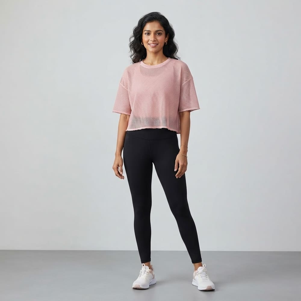 Indian woman wearing META NEST ACTIVEWEAR AirQueen Crop Tee in Blush Rose