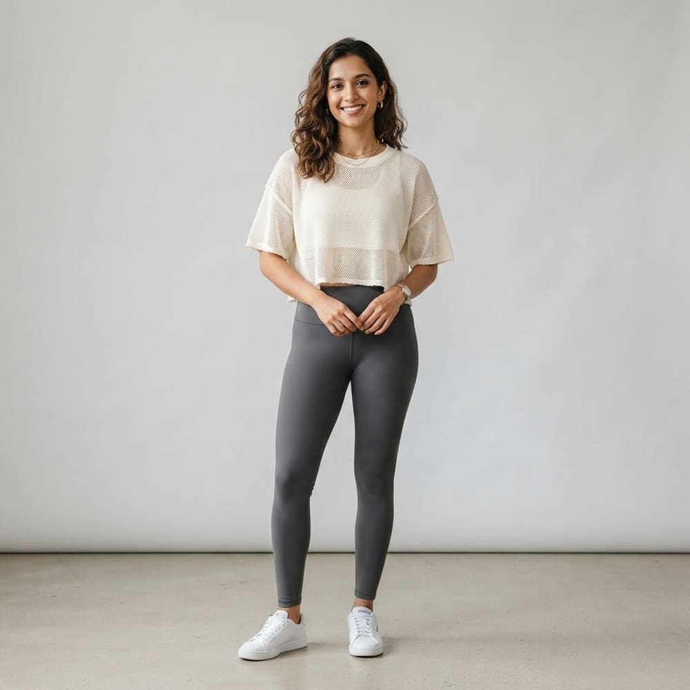 Indian woman wearing META NEST ACTIVEWEAR AirQueen Crop Tee in Ivory Cream