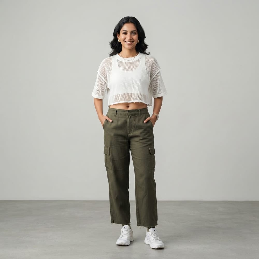 Indian woman wearing META NEST ACTIVEWEAR AirQueen Crop Tee in Pearl White