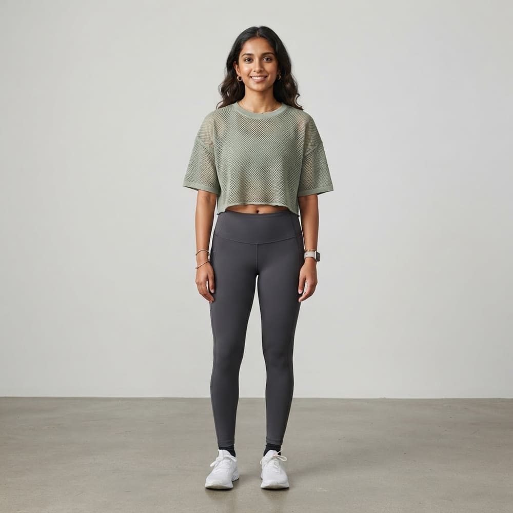 Indian woman wearing META NEST ACTIVEWEAR AirQueen Crop Tee in Sage Leaf