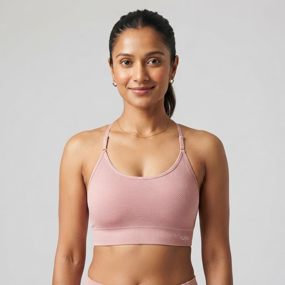 Indian woman wearing META NEST ACTIVEWEAR AirQueen Strappy Bra in Blush Rose