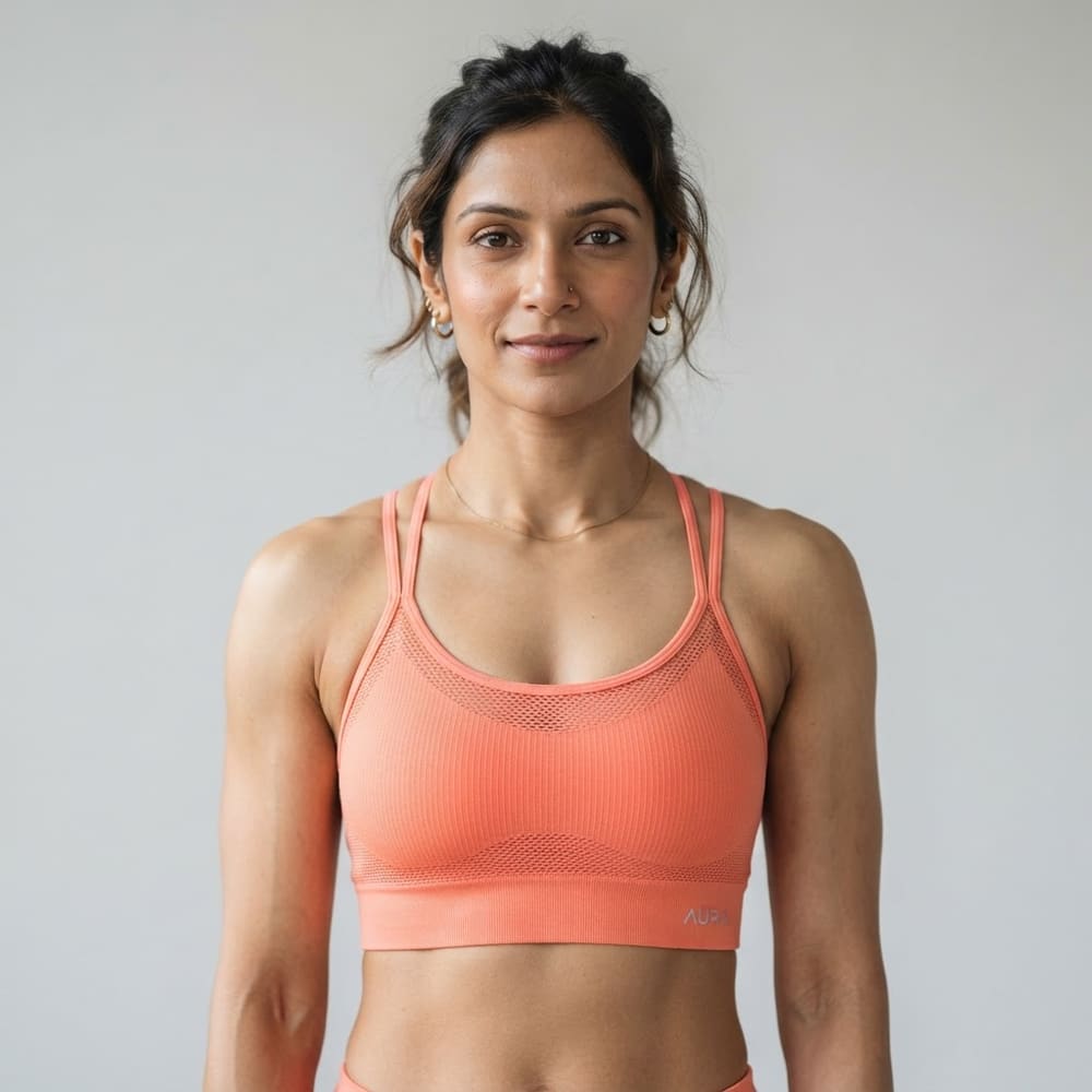 Indian woman wearing META NEST ACTIVEWEAR AirQueen Strappy Bra in Sunset Coral