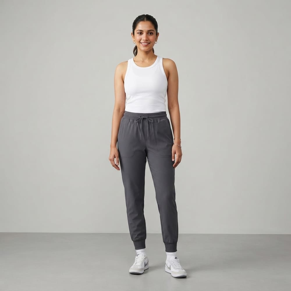Indian woman wearing META NEST ACTIVEWEAR AirQueen Travel Joggers in Storm Charcoal