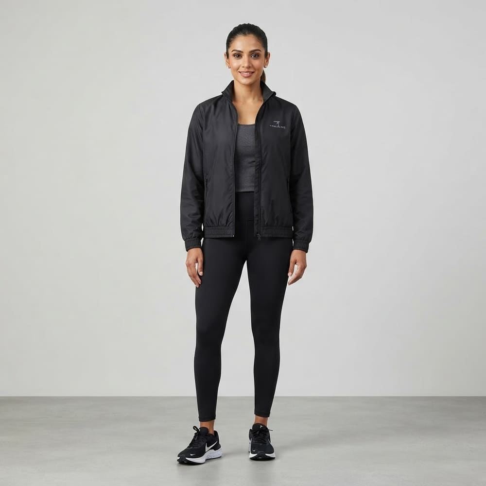 Indian woman wearing META NEST ACTIVEWEAR AirQueen Windbreaker in Noir Black