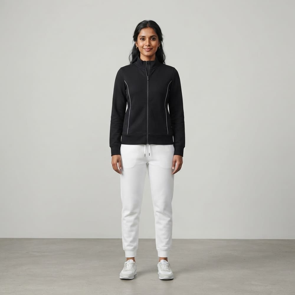 Indian woman wearing META NEST ACTIVEWEAR AllFit Cotton-Feel Stretch Jacket in Noir Black