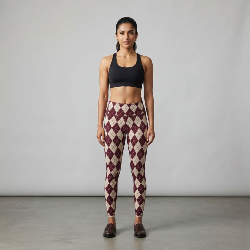 Indian woman wearing META NEST ACTIVEWEAR Argyle Knit Leggings in Argyle Burgundy