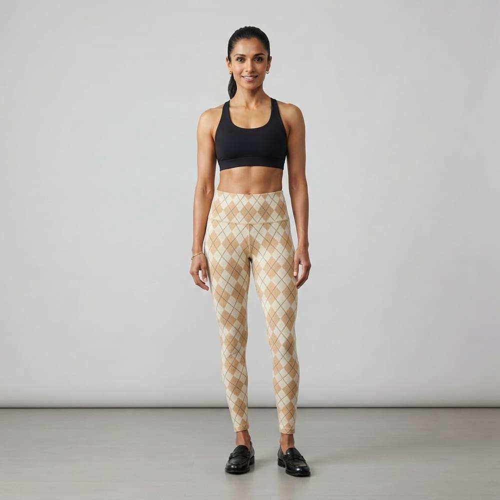 Indian woman wearing META NEST ACTIVEWEAR Argyle Knit Leggings in Argyle Cream