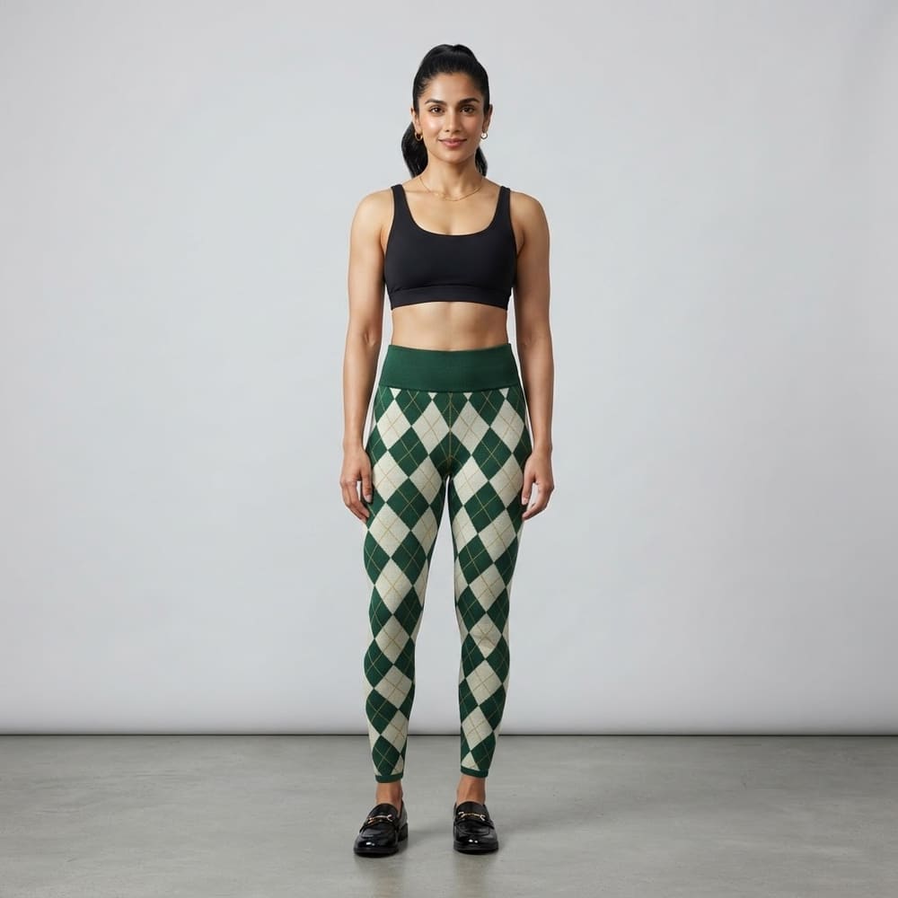 Indian woman wearing META NEST ACTIVEWEAR Argyle Knit Leggings in Argyle Forest