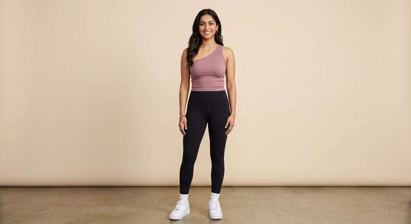 Indian woman wearing META NEST ACTIVEWEAR Asymmetric One-Shoulder Top in Dusty Mauve
