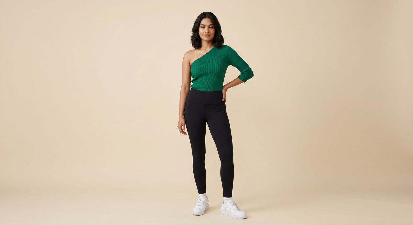 Indian woman wearing META NEST ACTIVEWEAR Asymmetric One-Shoulder Top in Emerald Green