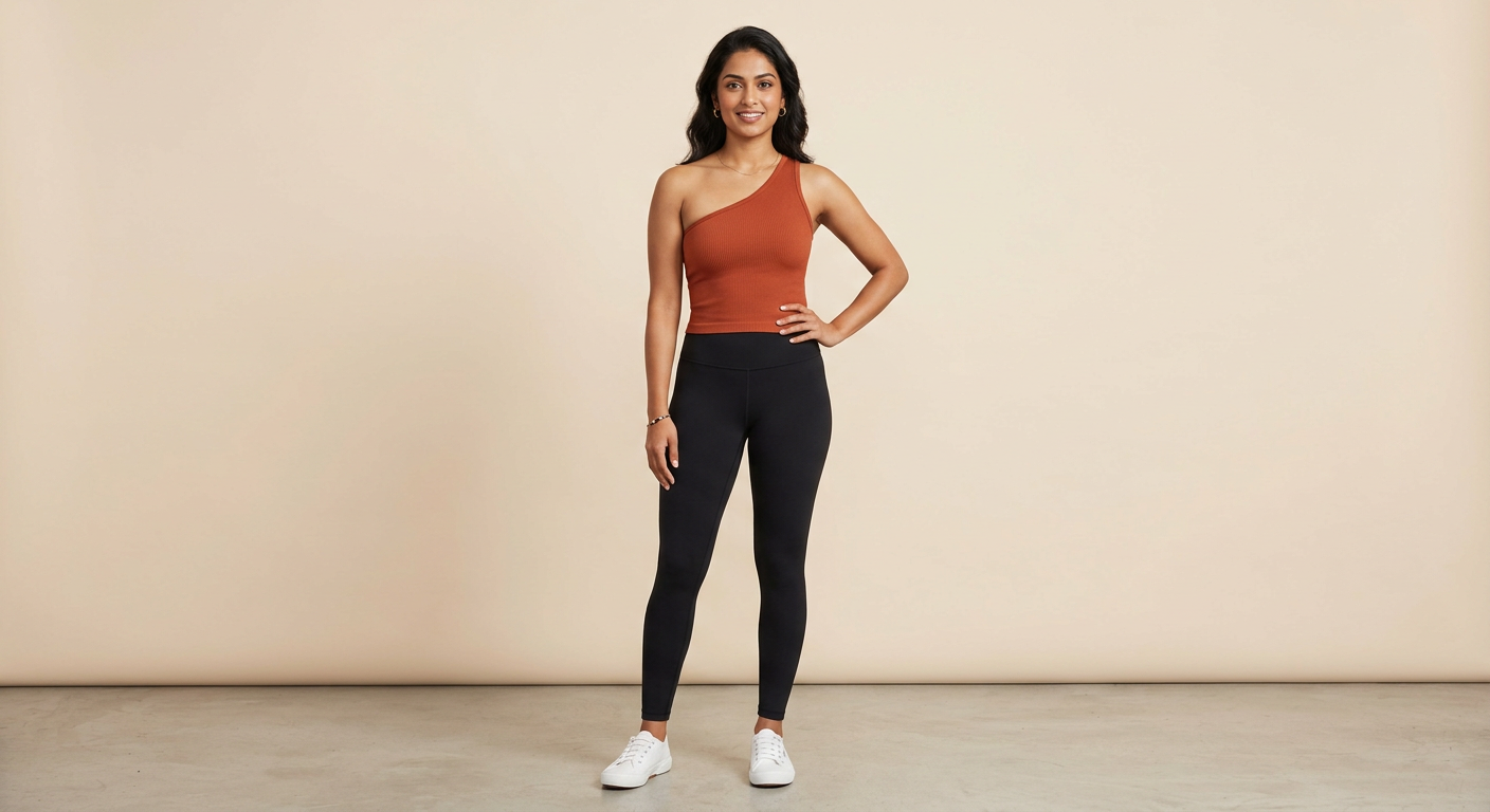 Indian woman wearing META NEST ACTIVEWEAR Asymmetric One-Shoulder Top in Rust Orange