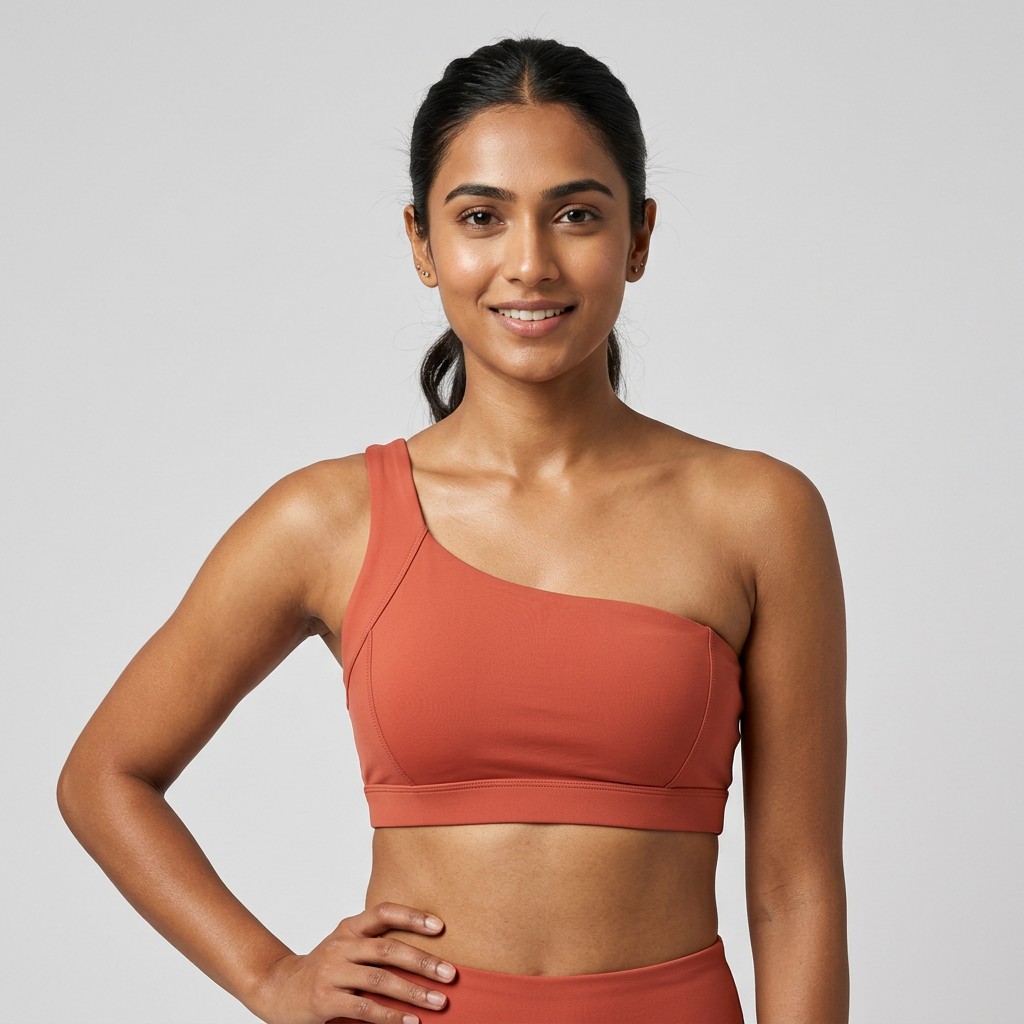 Indian woman wearing META NEST ACTIVEWEAR Asymmetric One-Shoulder Bra in Asymmetric Coral