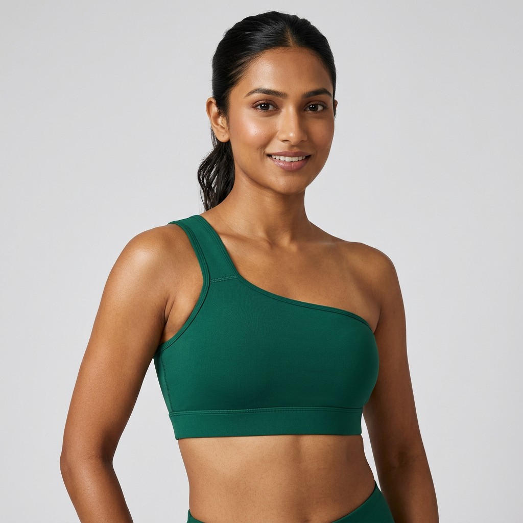 Indian woman wearing META NEST ACTIVEWEAR Asymmetric One-Shoulder Bra in Asymmetric Emerald