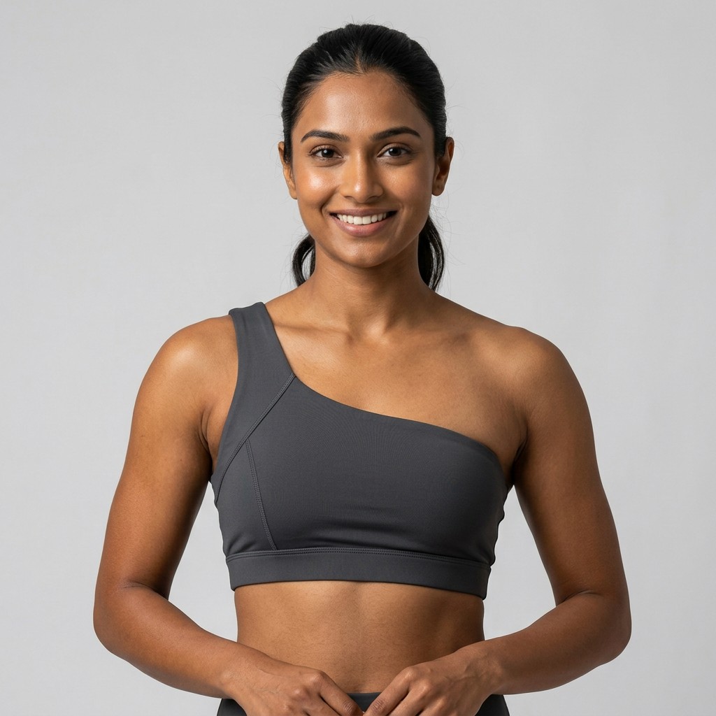 Indian woman wearing META NEST ACTIVEWEAR Asymmetric One-Shoulder Bra in Asymmetric Graphite