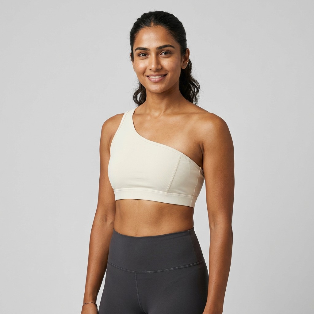 Indian woman wearing META NEST ACTIVEWEAR Asymmetric One-Shoulder Bra in Asymmetric Ivory