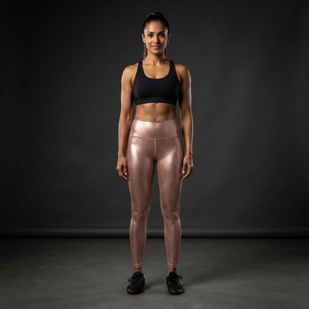 Indian woman wearing META NEST ACTIVEWEAR Aurora Shine Leggings in Rose Gold Shine