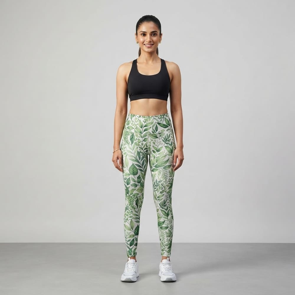 Indian woman wearing META NEST ACTIVEWEAR Botanical Leaf-Print Leggings in Botanical Green