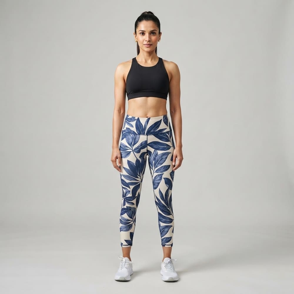 Indian woman wearing META NEST ACTIVEWEAR Botanical Leaf-Print Leggings in Botanical Navy