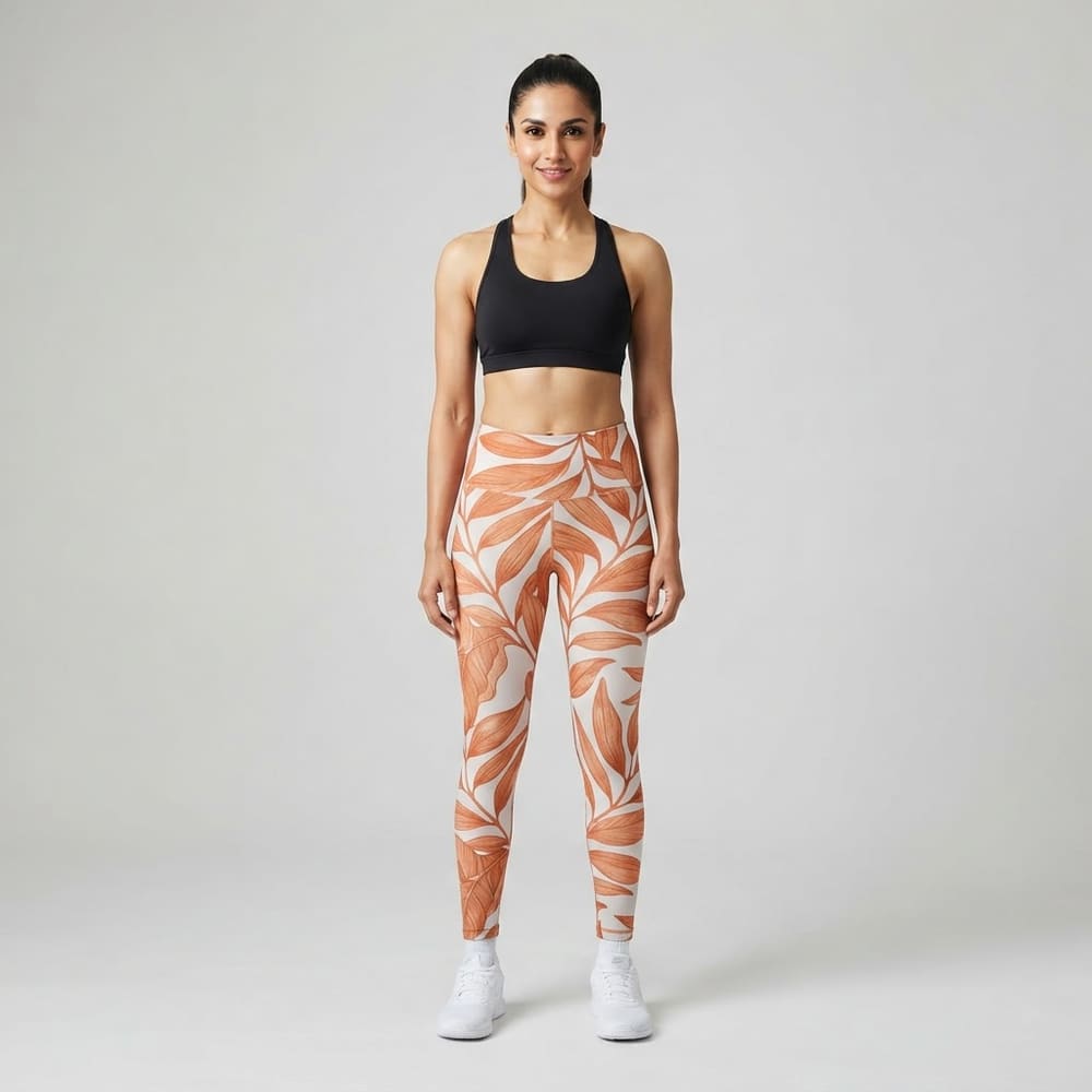 Indian woman wearing META NEST ACTIVEWEAR Botanical Leaf-Print Leggings in Botanical Terracotta
