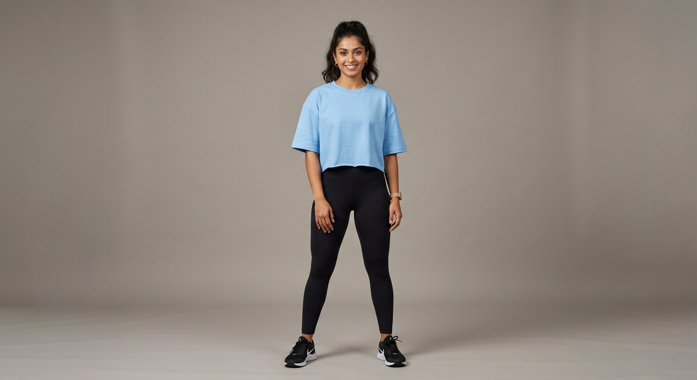 Indian woman wearing META NEST ACTIVEWEAR Boxy Drop-Shoulder Crop Tee in Sky Blue
