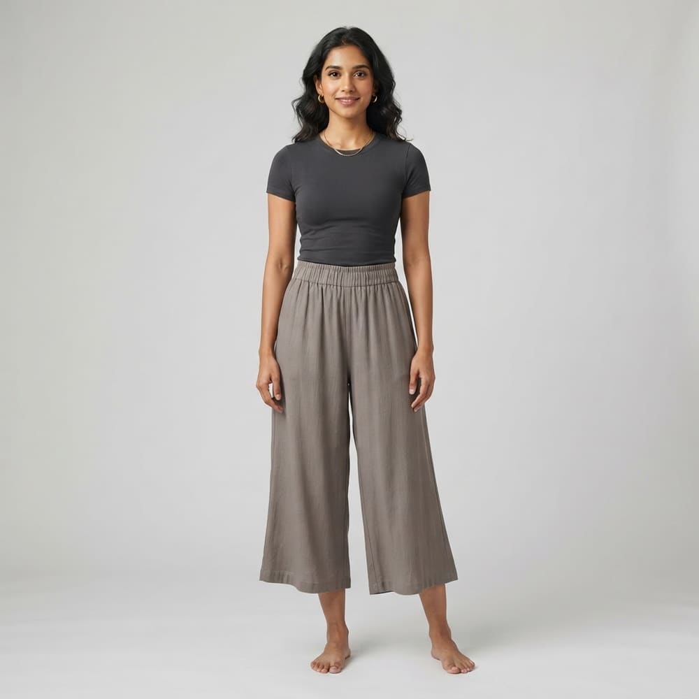 Indian woman wearing META NEST ACTIVEWEAR Breezy Wide-Leg Culottes in Taupe Grey