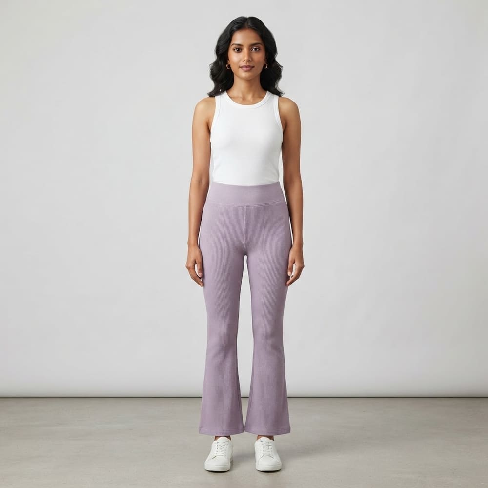 Indian woman wearing META NEST ACTIVEWEAR ButterRib Flare Pants in Dusty Lilac