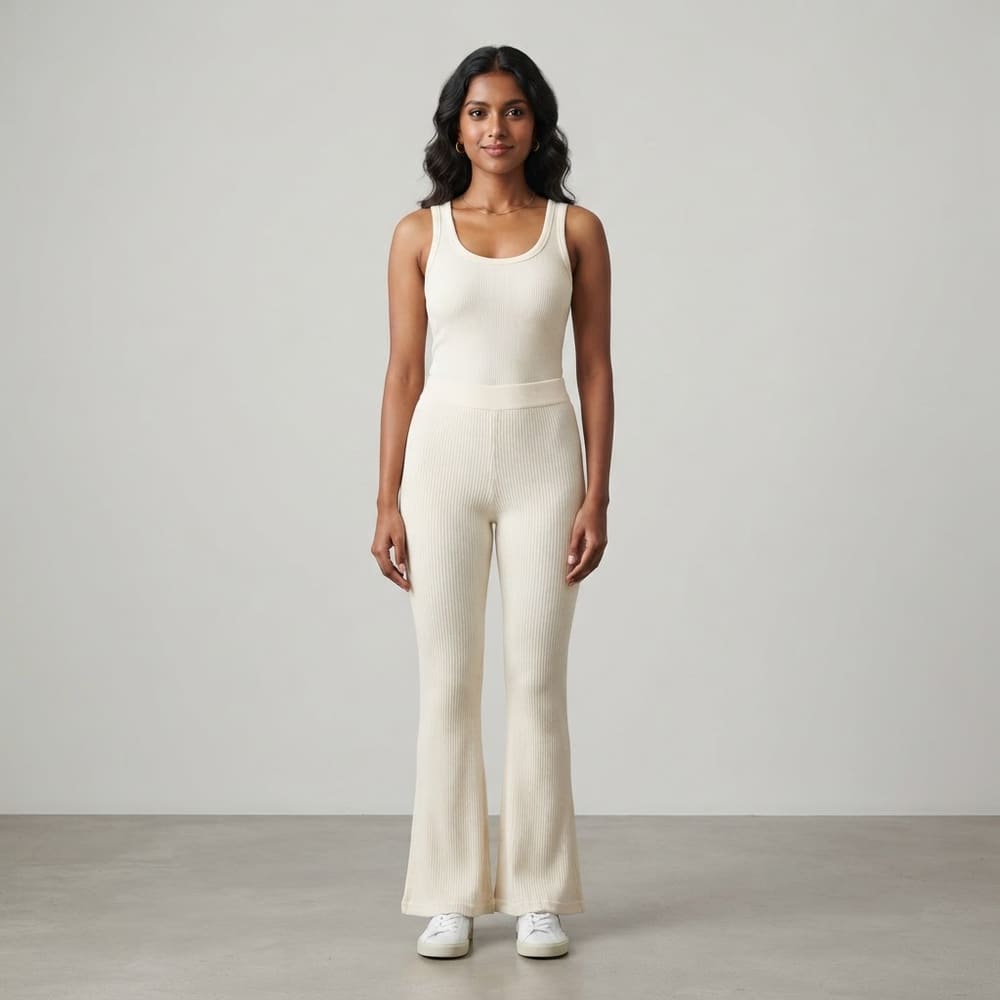 Indian woman wearing META NEST ACTIVEWEAR ButterRib Flare Pants in Ivory Cream
