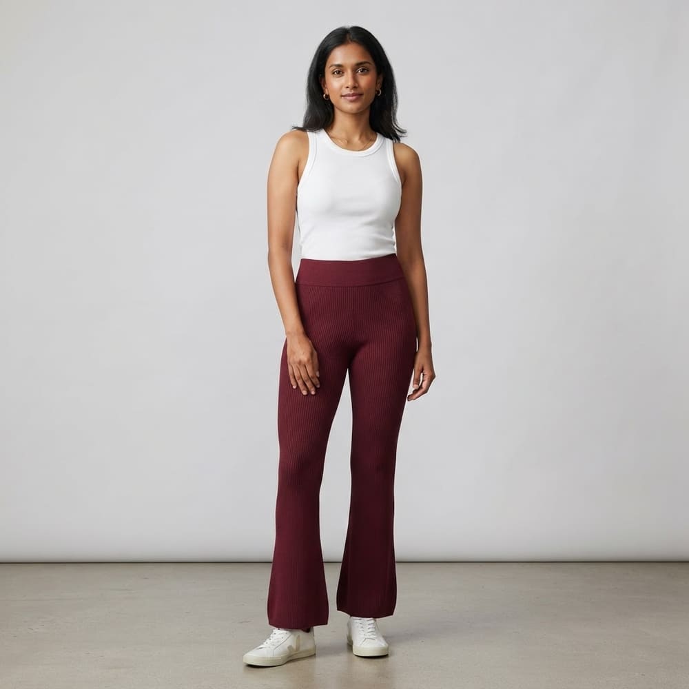 Indian woman wearing META NEST ACTIVEWEAR ButterRib Flare Pants in Royal Maroon