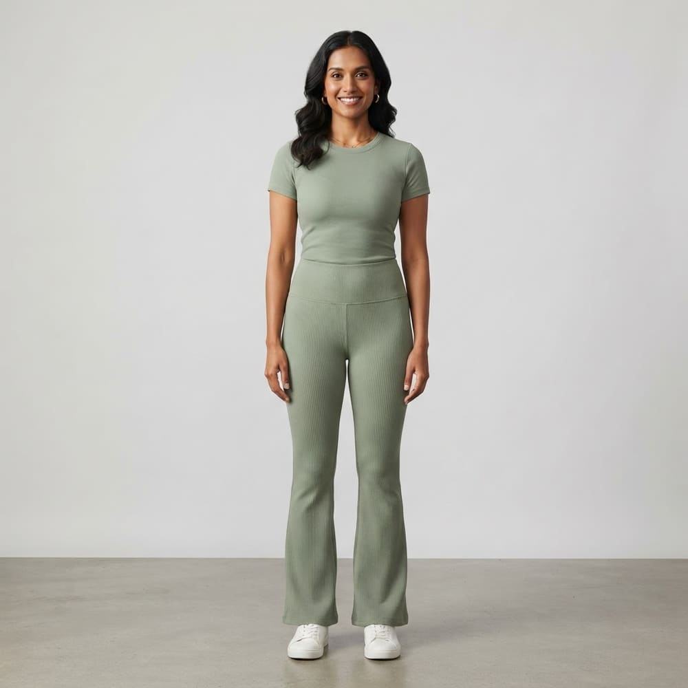 Indian woman wearing META NEST ACTIVEWEAR ButterRib Flare Pants in Sage Leaf