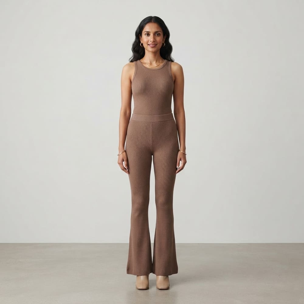 Indian woman wearing META NEST ACTIVEWEAR ButterRib Flare Pants in Warm Mocha