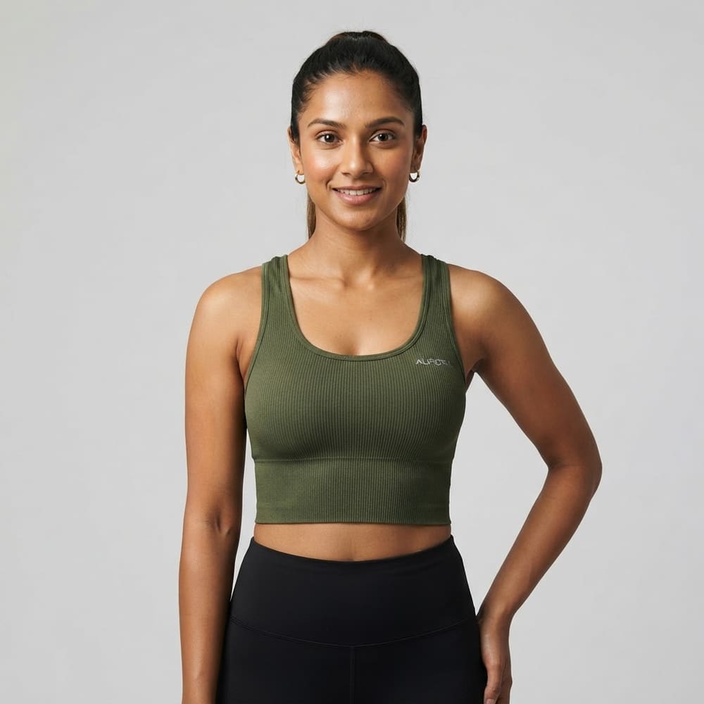 Indian woman wearing META NEST ACTIVEWEAR ButterRib Longline Bra in Forest Olive