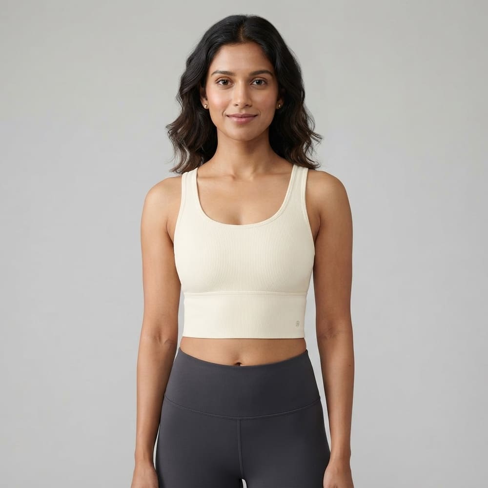 Indian woman wearing META NEST ACTIVEWEAR ButterRib Longline Bra in Ivory Cream