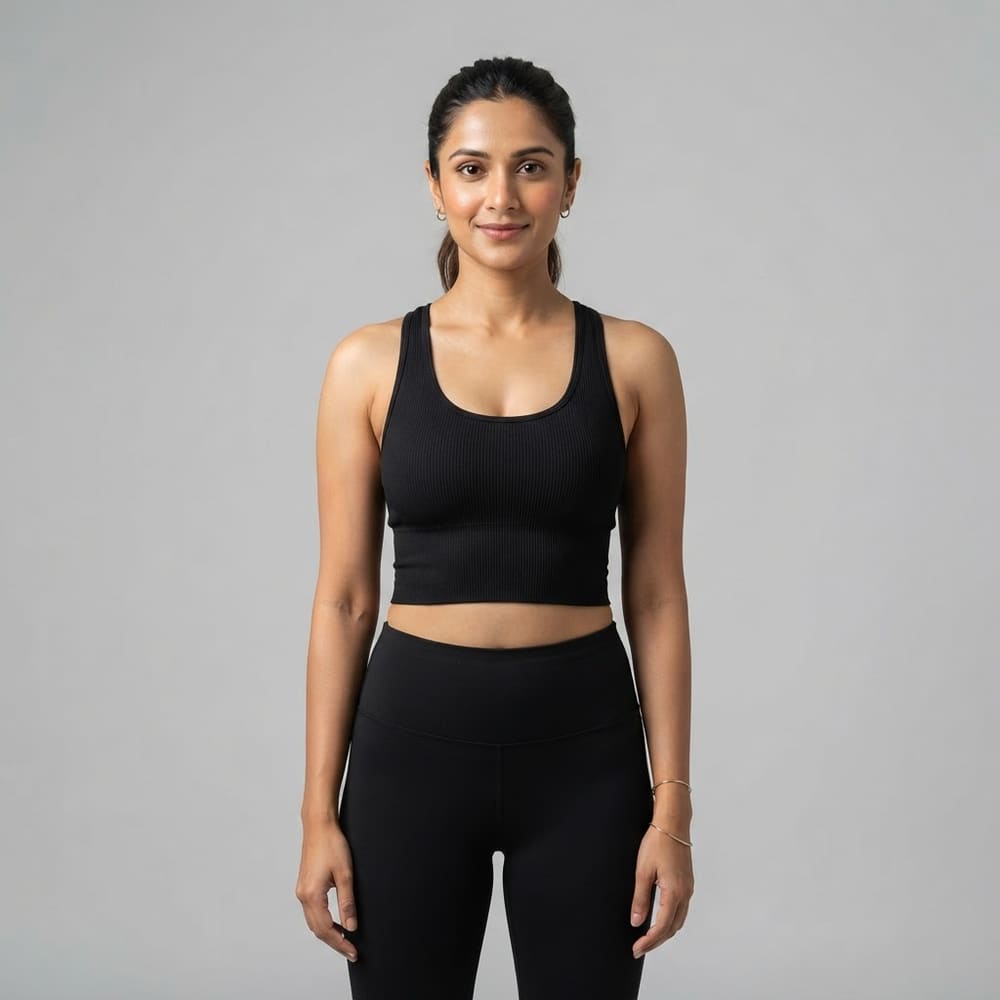 Indian woman wearing META NEST ACTIVEWEAR ButterRib Longline Bra in Noir Black