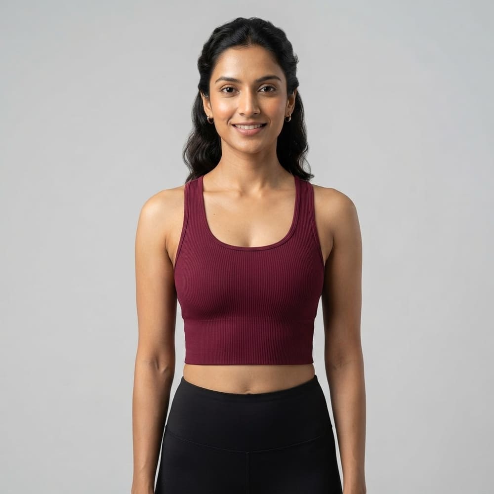 Indian woman wearing META NEST ACTIVEWEAR ButterRib Longline Bra in Royal Maroon