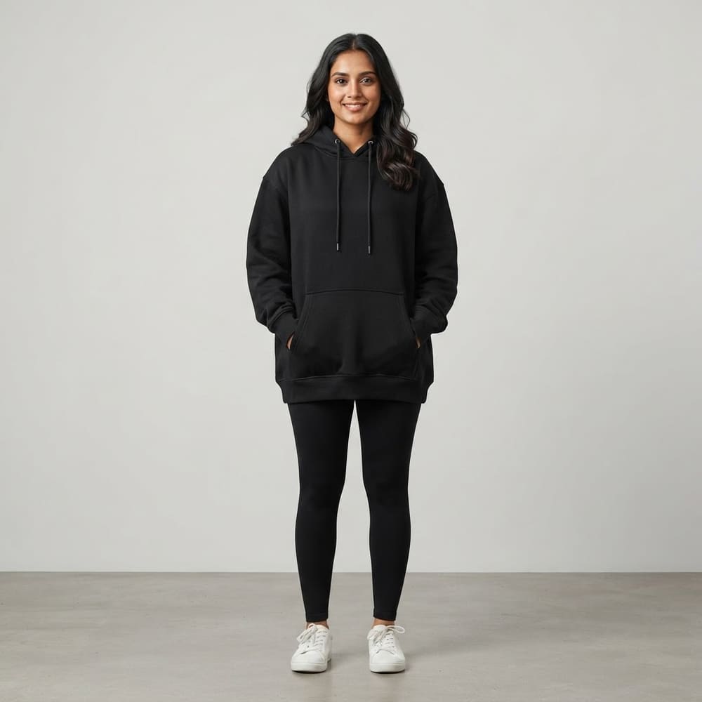 Indian woman wearing META NEST ACTIVEWEAR ButterRib Pullover Hoodie in Noir Black