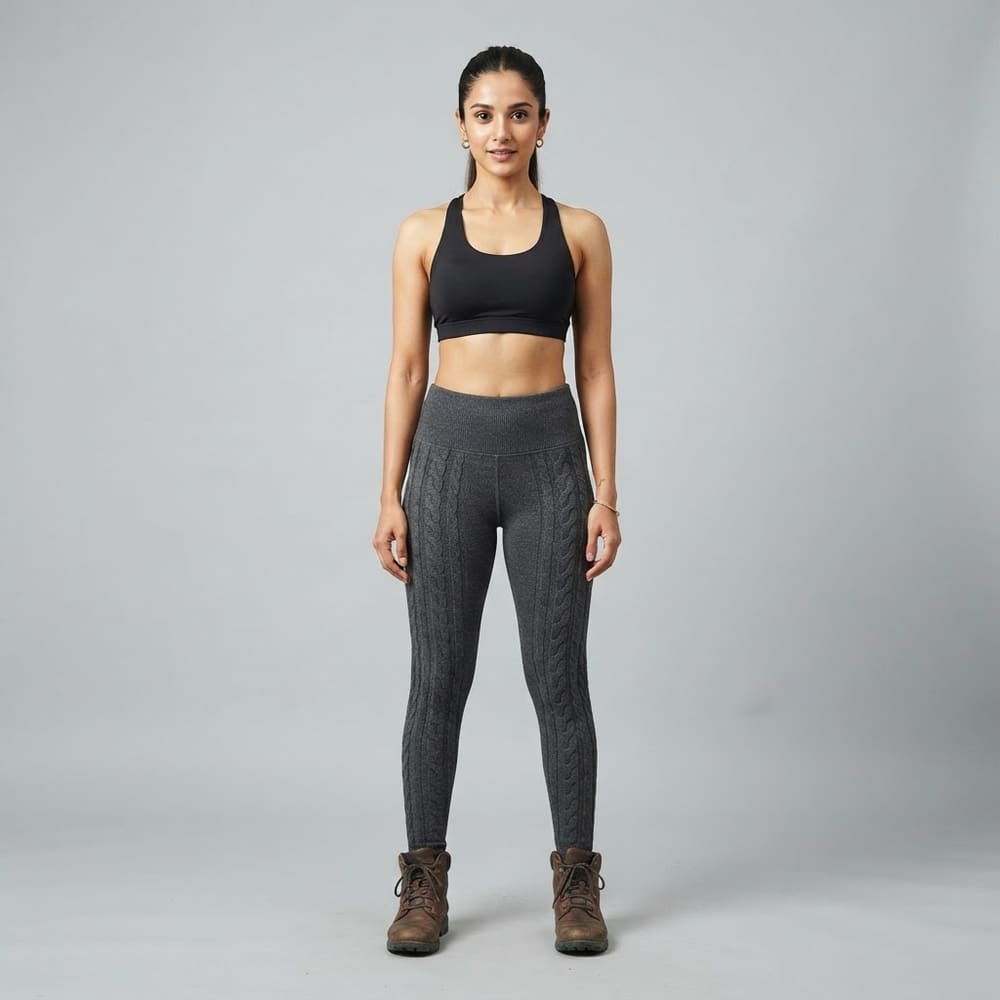 Indian woman wearing META NEST ACTIVEWEAR Cable Knit Leggings in Cable Knit Charcoal