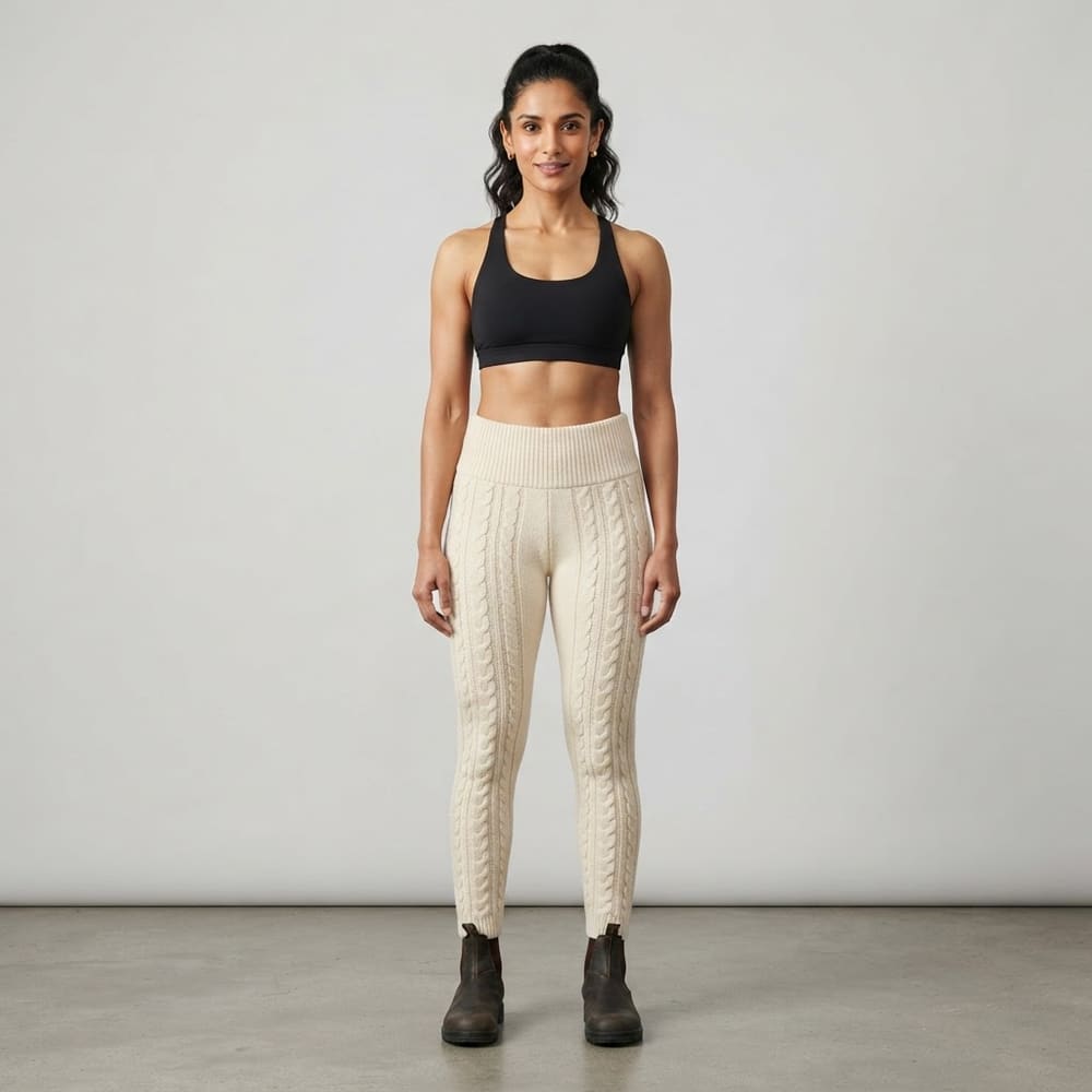 Indian woman wearing META NEST ACTIVEWEAR Cable Knit Leggings in Cable Knit Cream