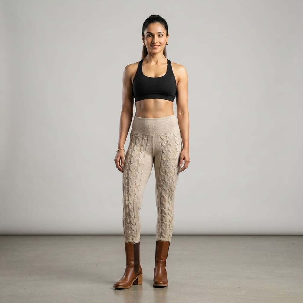 Indian woman wearing META NEST ACTIVEWEAR Cable Knit Leggings in Cable Knit Oatmeal