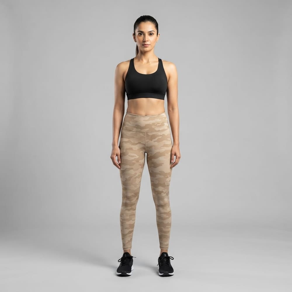 Indian woman wearing META NEST ACTIVEWEAR Camo Print Leggings in Camo Desert