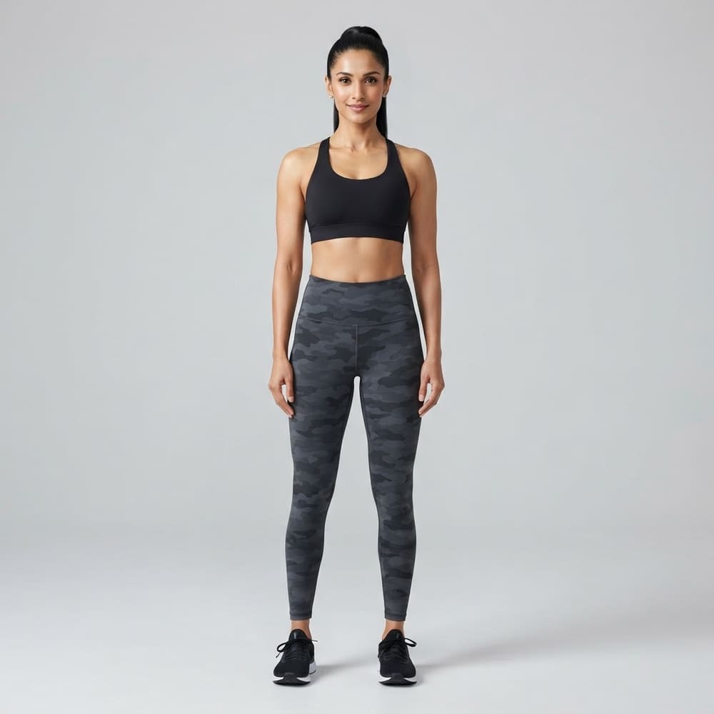 Indian woman wearing META NEST ACTIVEWEAR Camo Print Leggings in Camo Slate