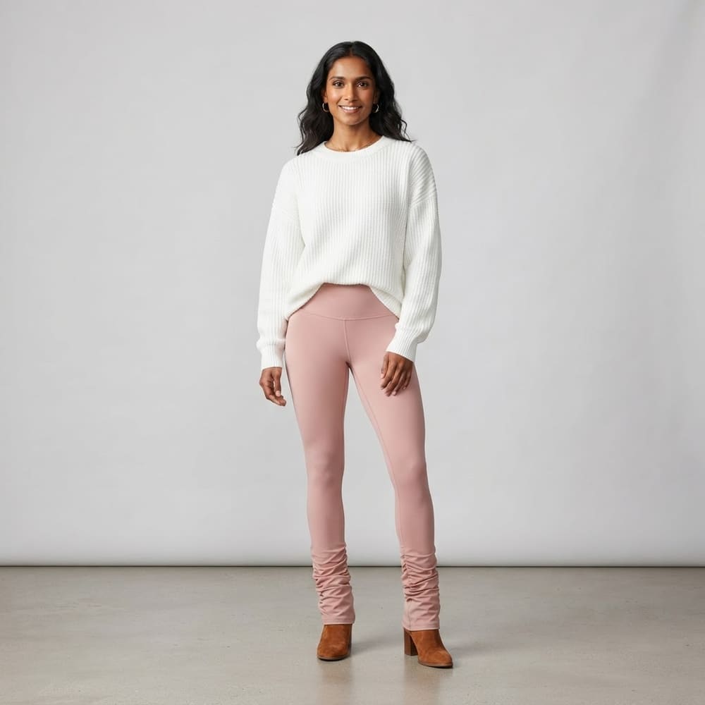 Indian woman wearing META NEST ACTIVEWEAR Cascade Ruched Ankle Leggings in Blush Pink