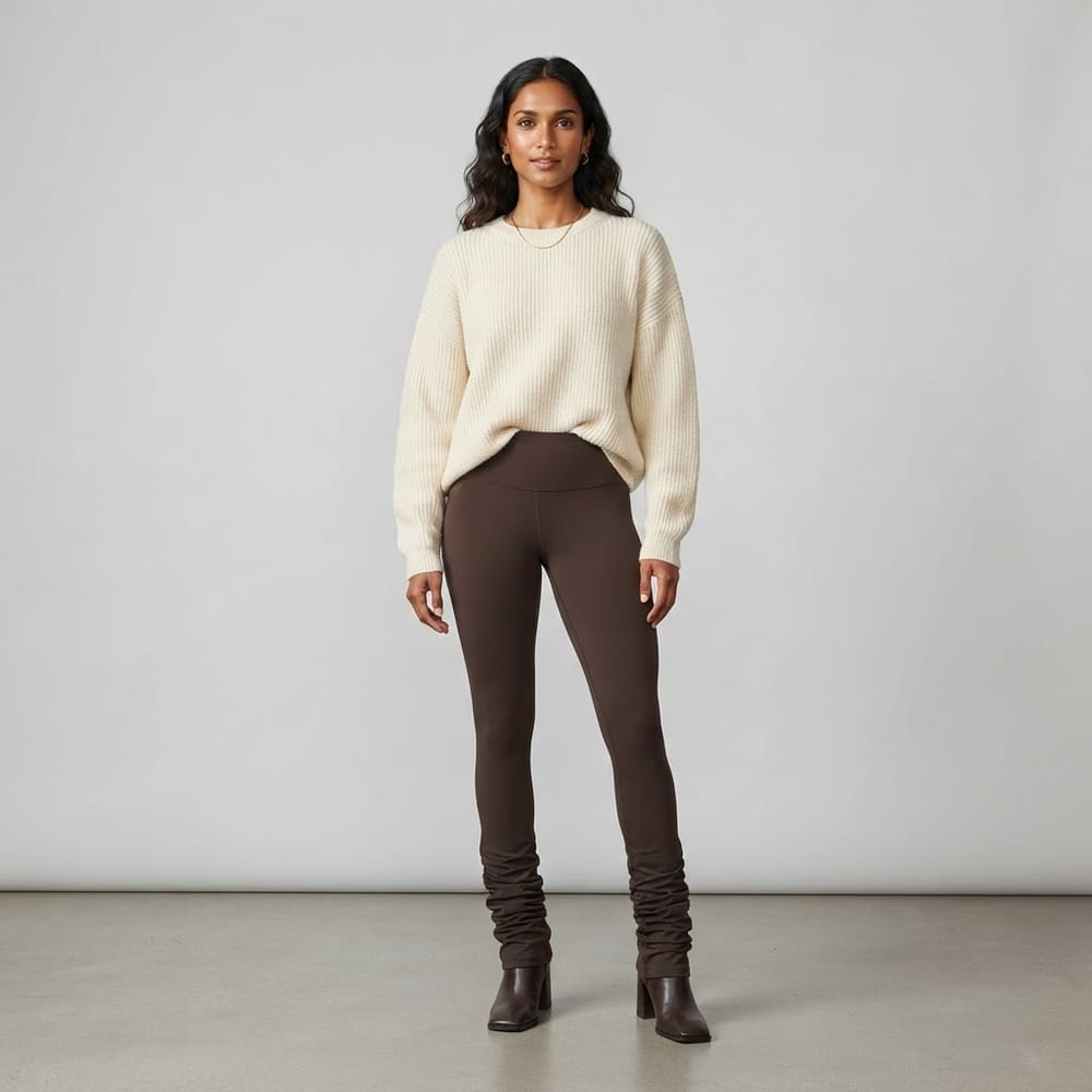 Indian woman wearing META NEST ACTIVEWEAR Cascade Ruched Ankle Leggings in Espresso Brown