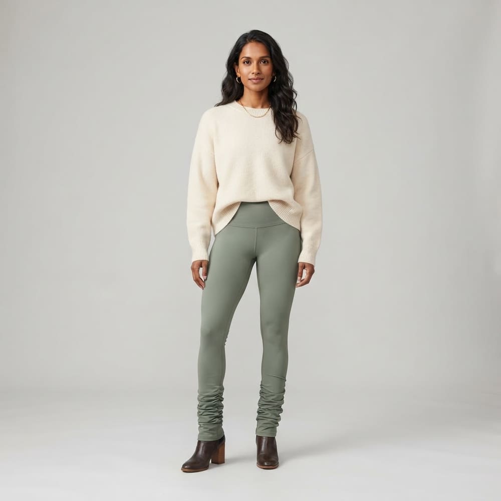 Indian woman wearing META NEST ACTIVEWEAR Cascade Ruched Ankle Leggings in Sage Leaf