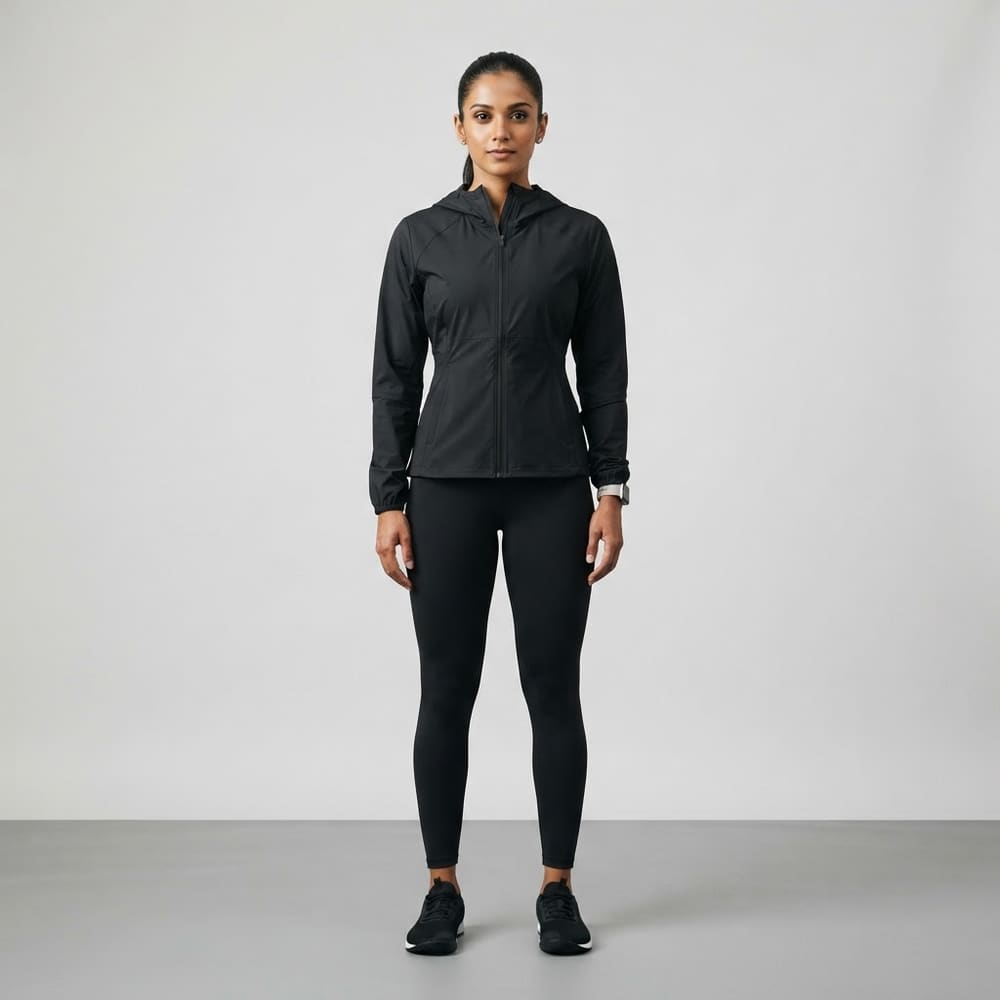 Indian woman wearing META NEST ACTIVEWEAR Cinch-Waist Windbreaker in Noir Black