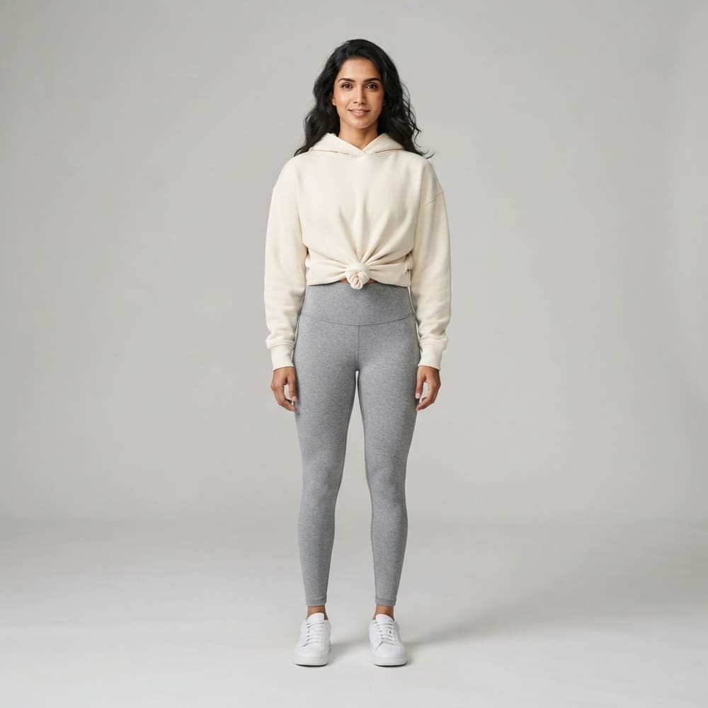 Indian woman wearing META NEST ACTIVEWEAR Cloudknit Leggings in Cloud Grey