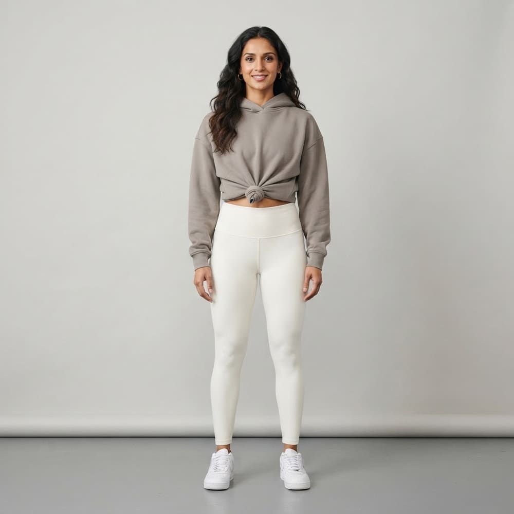 Indian woman wearing META NEST ACTIVEWEAR Cloudknit Leggings in Cloud Ivory