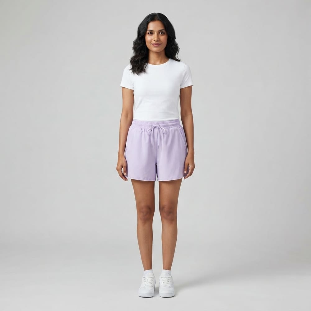 Indian woman wearing META NEST ACTIVEWEAR Cloudlight Drawstring Shorts in Dusty Lilac